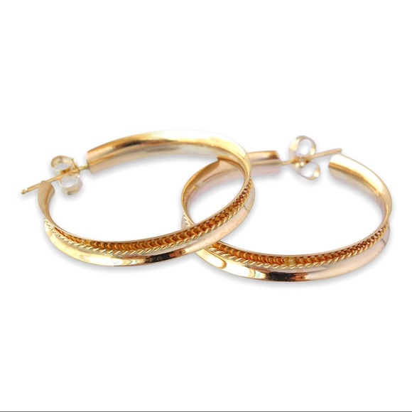 Vintage 14K Gold Hoop Earrings Large / Wide Hoops with Twisted Rope Cable Detail - Picture 2 of 7